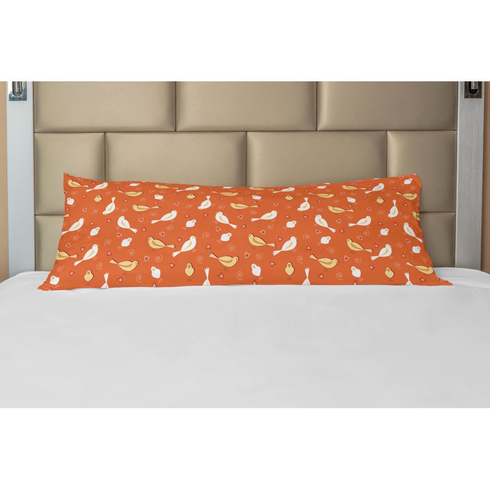 Orange Body Pillow Case Cover with Zipper, Birds with Heart Shapes