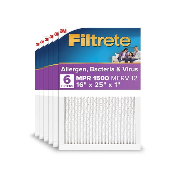 Filtrete 16x25x1 HVAC Furnace Air Filter, MPR 1500 MERV 12, Advanced Allergen Reduction, 6 Pack
