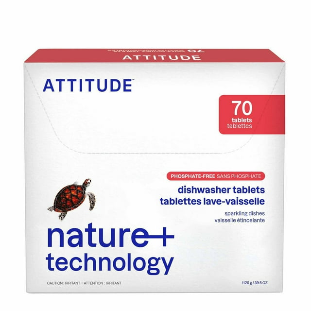 ATTITUDE dishwasher tablets box containing 70 unscented pods with nature+ technology and phosphate-free formula for sparkling dishes