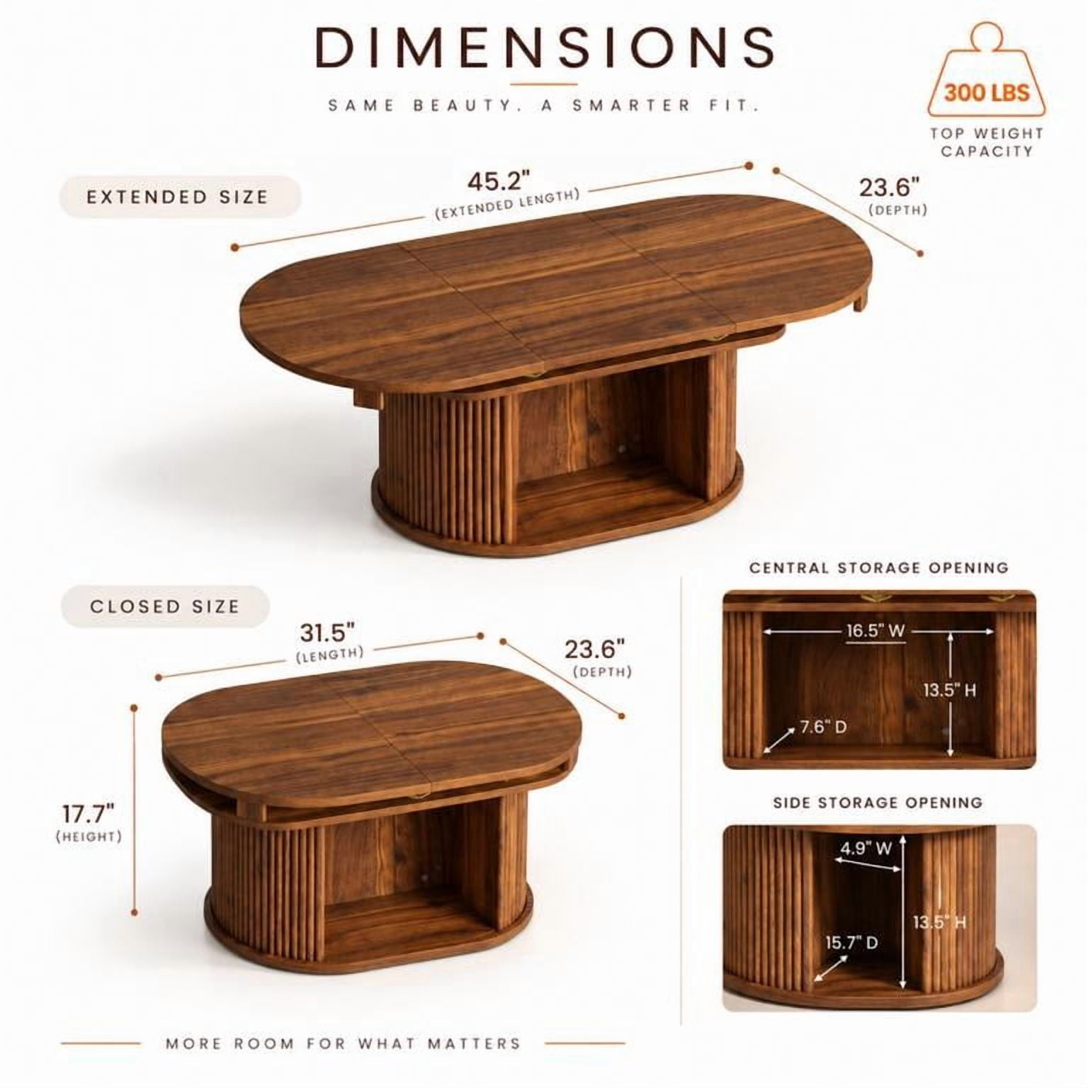 Lacoo Extendable Oval Coffee Table with Storage, Fluted Base with Cubby for Living Room, Den, Brown