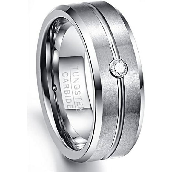 Men's Grooved Tungsten Carbide Rings 8mm Silver Wedding Bands with Cubic Zirconia Inlay Beveled Edges Matte Finish