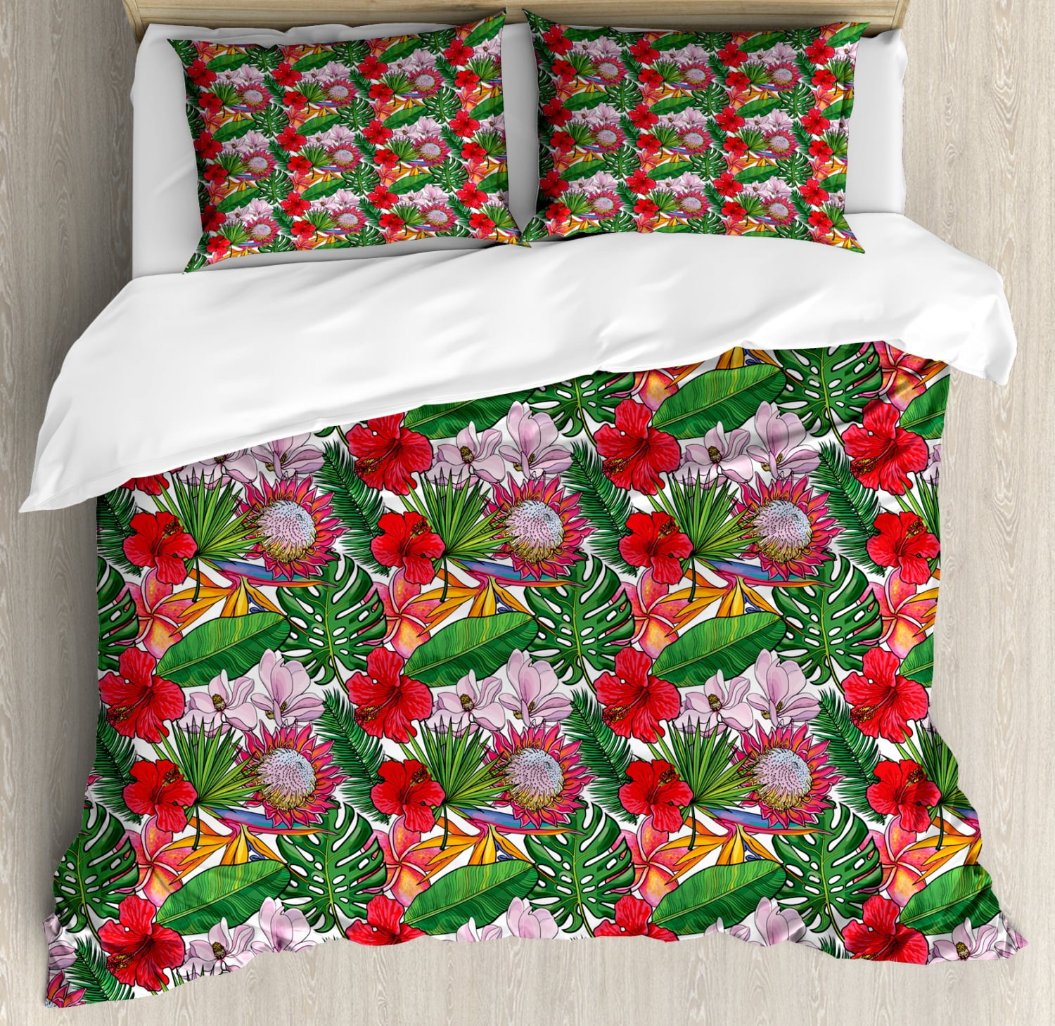 Tropical Duvet Cover Set Queen Size, Exotic Botany Concept with