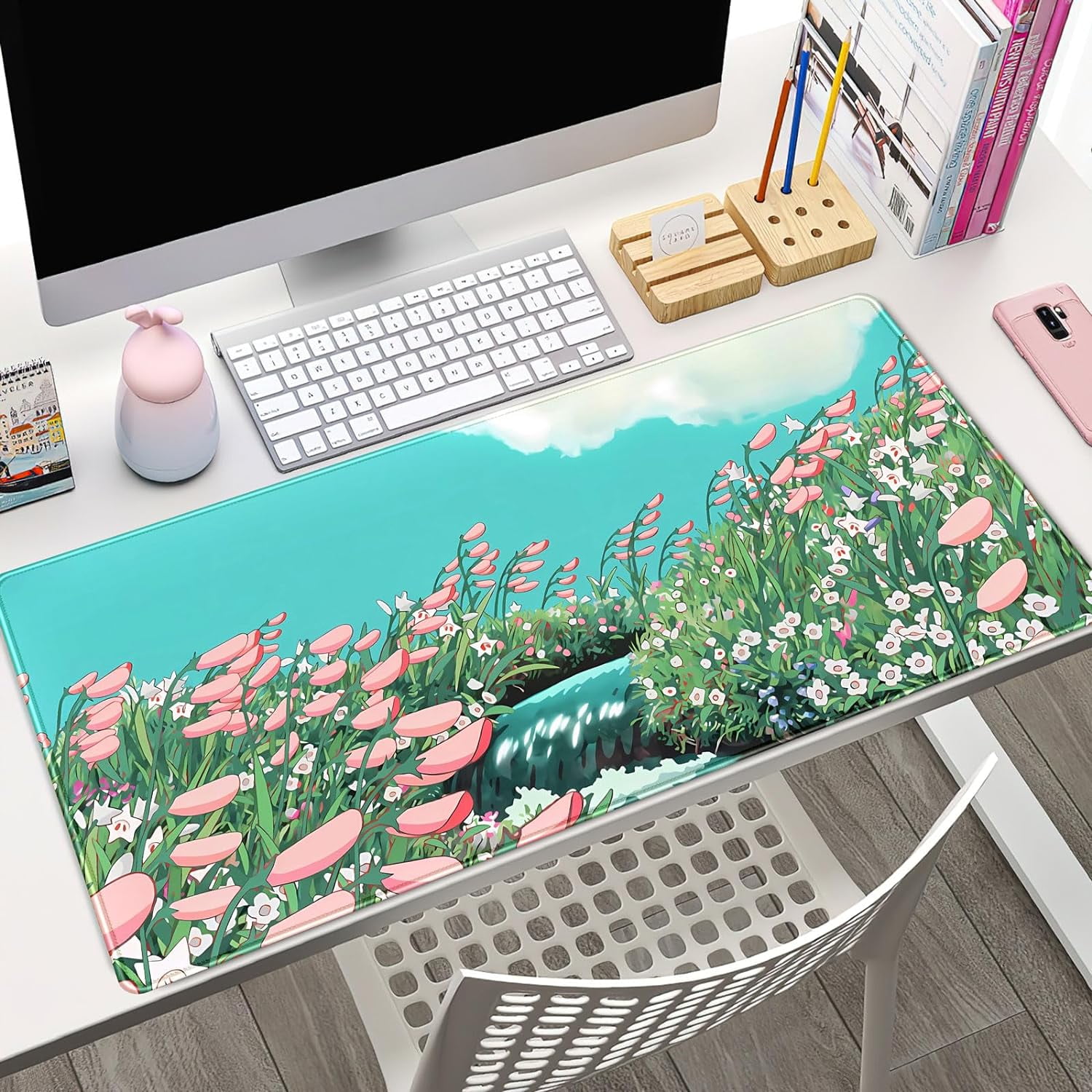 Cute Anime Floral Desk Mat Sage Green Large Mouse Pad XL Gaming Mousepad Kawaii Desk Keyboard Pad Laptop Computer Mouse Mat Cute Desk Decor Desk Pads On Top of Desks for Desktop 31.5''X 15.7''