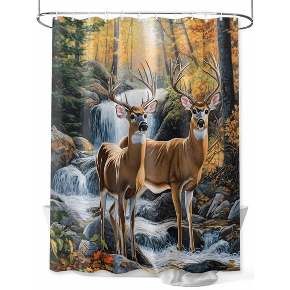 Nature Forest Shower Curtain, Scenery Animal Deer Waterfall Plant Waterproof Shower Curtain Set with 12 Hooks Lightweight Washable Fabric Shower Curtains for Bathroom 72x72 Inches