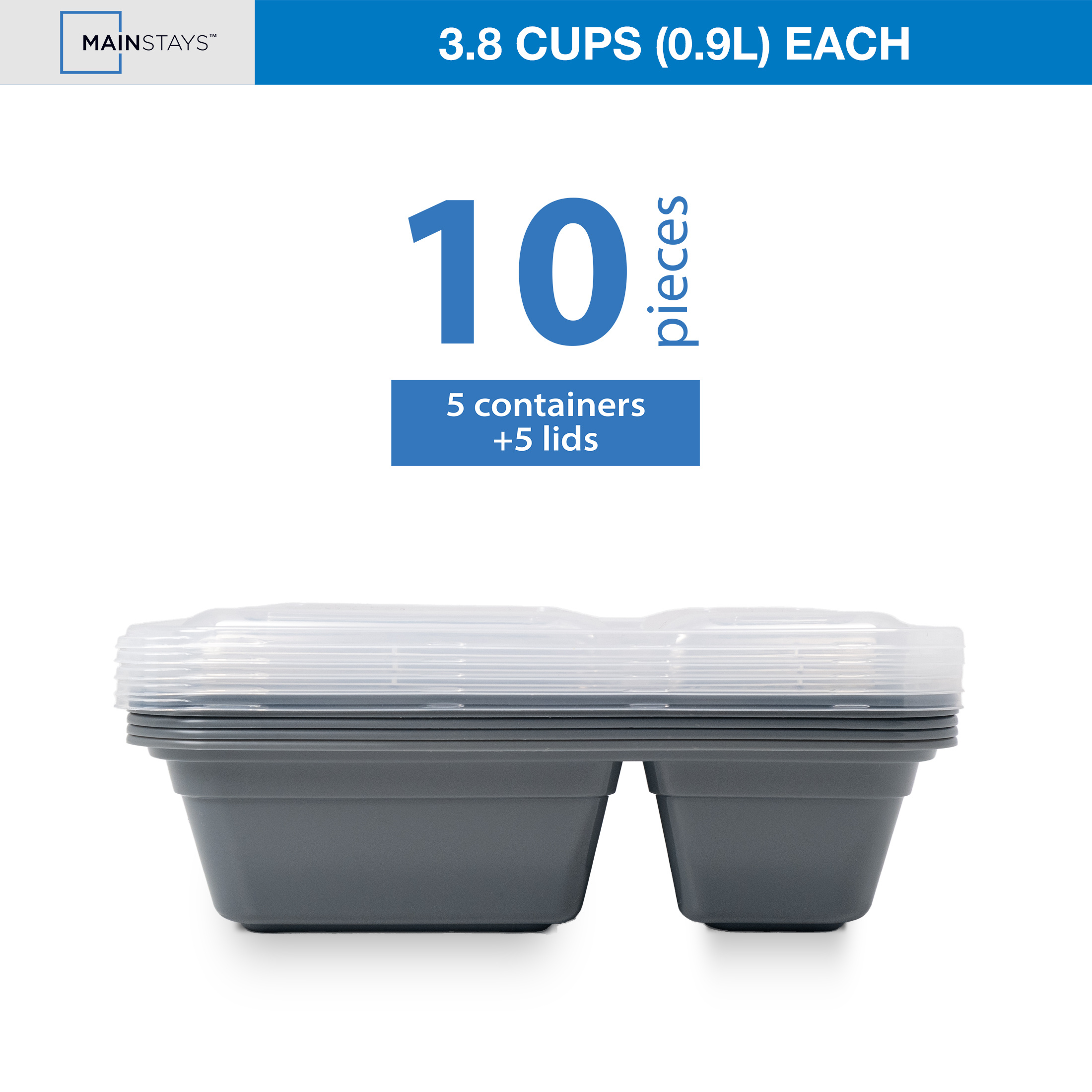 Mainstays 5-Pack 2-Compartment BPA-Free Plastic Meal Prep Food Storage Containers, 0.9L, Soothing Grey