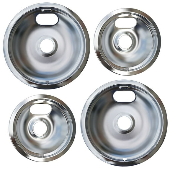 W10196406 and W10196405 Chrome Stove Burner Drip Pan Set for Whirlpool Amana Maytag Magic-Chef Kenmore Electric Range with Locking Slot, Includes 2 6-Inch and 2 8-Inch Drip Bowls