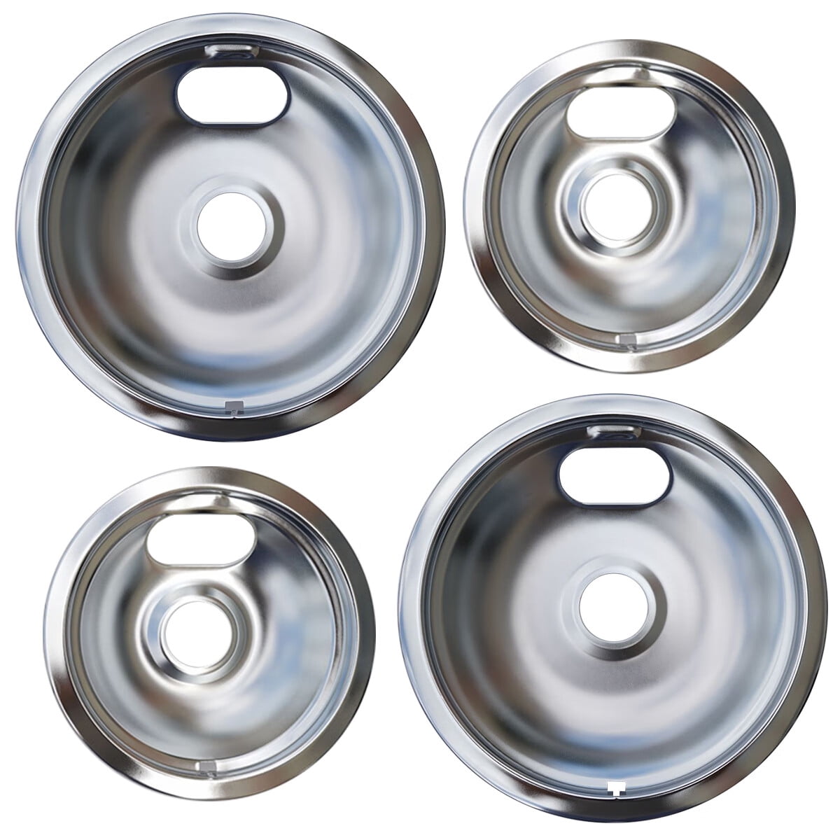 W10196406 and W10196405 Chrome Stove Burner Drip Pan Set for Whirlpool Amana Maytag Magic-Chef Kenmore Electric Range with Locking Slot, Includes 2 6-Inch and 2 8-Inch Drip Bowls