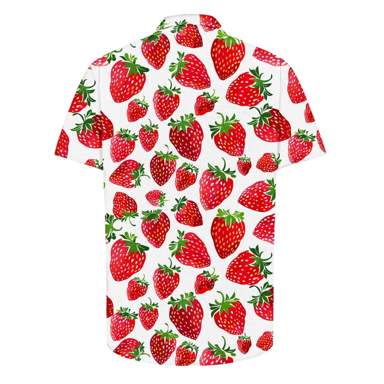 Men's Hawaiian Floral Button-Down Shirt – Tropical Summer Casual Shirt, Strawberry Print, Size 3XL