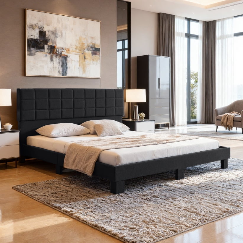 Gewnee King Size Platform Bed Frame with Linen Upholstered Headboard, Wood Slats, No Box Spring Needed, Black