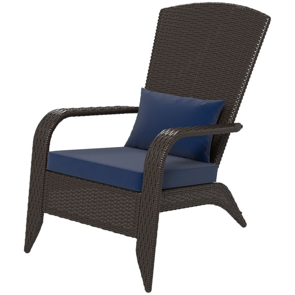 Outdoor Wicker Adirondack Chair with Cushions, PE Rattan Muskoka Lounge Chair with Steel Frame, Dark Blue, 25.6"W x 31.5"D x 30.3"H, for Patio, Garden, Backyard, or Poolside