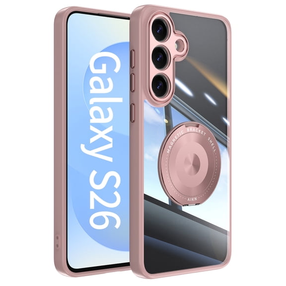 for Samsung Galaxy S26 Back Case with Lens Protector, Slim TPU Frame Rotating Ring Bracket Magnetic PC Clear Back Anti-Scratch Anti-fingerprint Phone Case for Samsung Galaxy S26, Pink