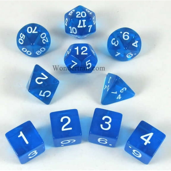 Blue Transparent Dice with White Numbers 16mm (5/8in) Set of 10 Koplow Games
