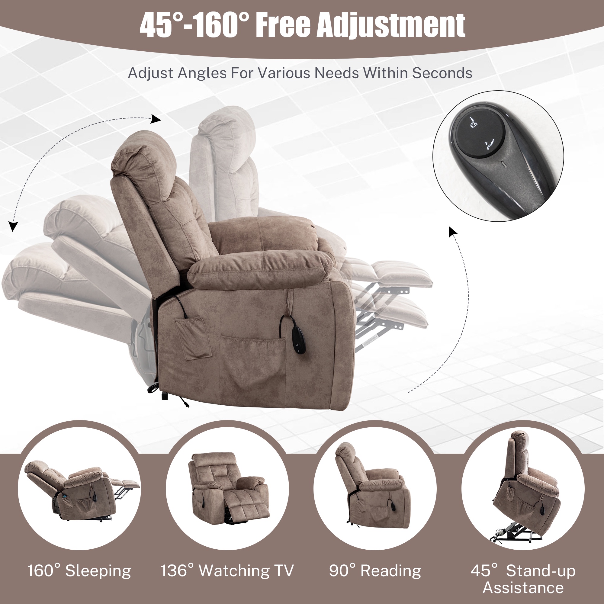 SYNGAR Electric Lift Recliner Chair with Heat and Massage, Oversized Recliner with Hidden Cup Holder for Living Room, Single Recliner Sofa with 26" Width Seat, Easy Assembly, Light Brown