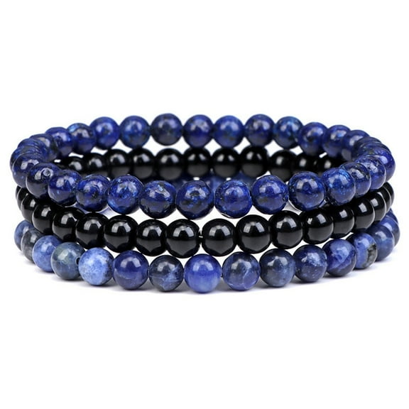 Lazuli 3 set 3pcs 3 style Natural Lazuli & Black Agate Round Beaded Stretch Bracelets set Gemstone Stackable Bracelets for Woman Wide: 6mm 7-1/4~7-1/2 inch(18.5~19cm) 1pc/style