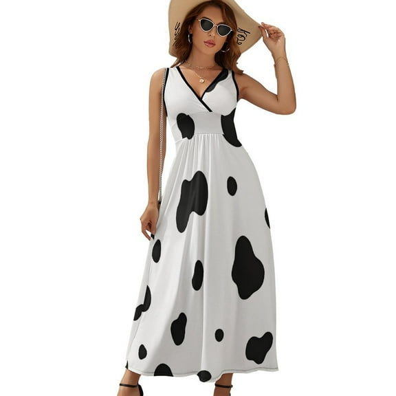 Cow Pattern Womens Night Club Maxi Dress V Neck Sleeveless Bohemia Long Dresses