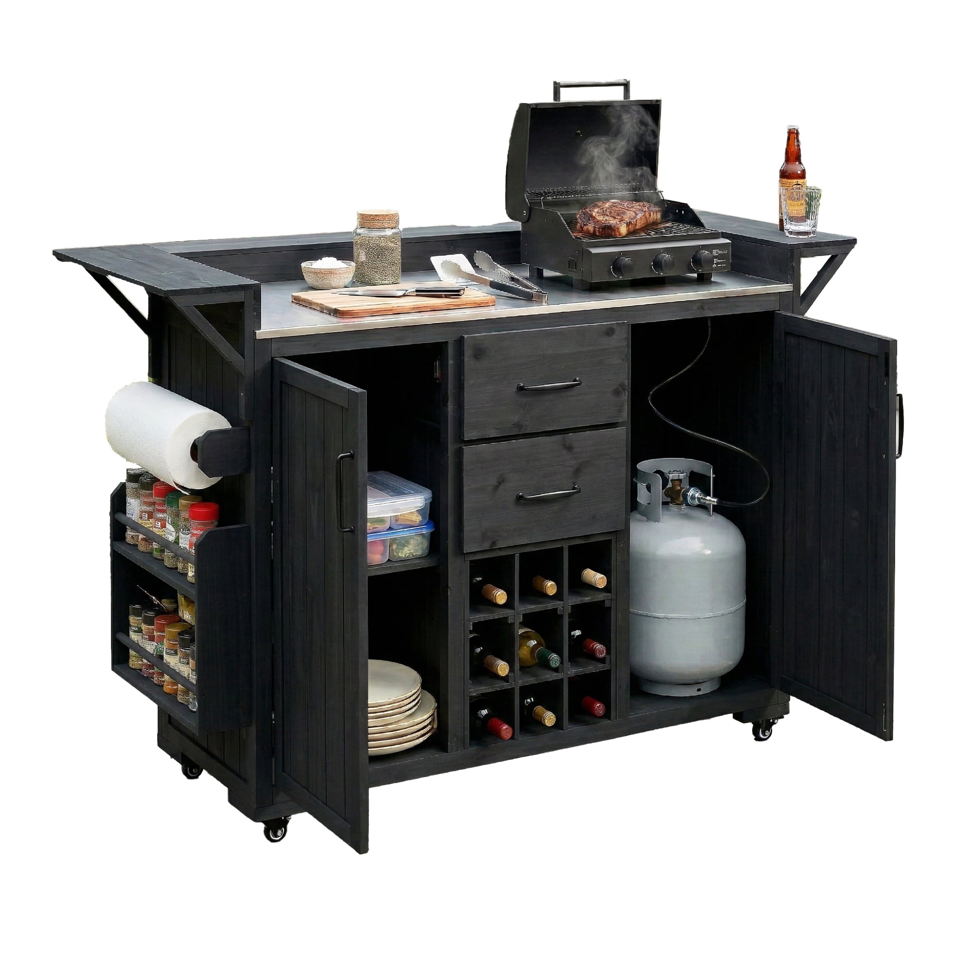 Modern 60.2" Outdoor Kitchen Island with Wheels, Rolling Kitchen Island with Stainless Steel Top & Wine Rack, Patio BBQ Kitchen Cart with Spice Rack & 2 Drawers, Black
