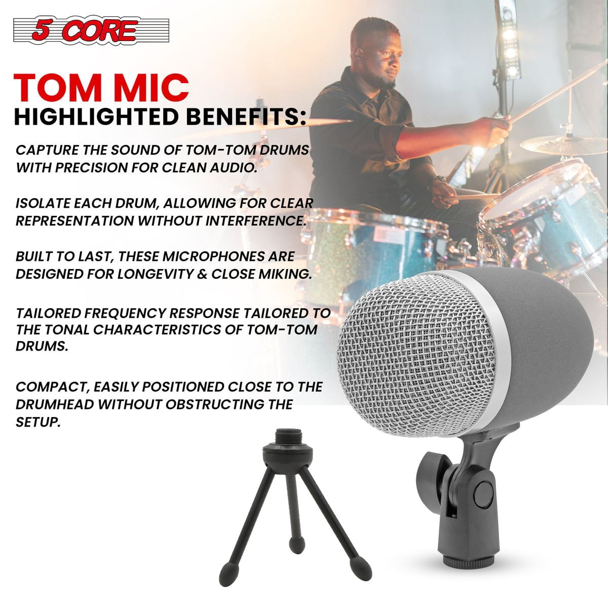 Tom Mic 1Piece Wired Cardioid Bass Drum Microphone Kit High SPL Instrument Microfono w XLR Connection- Tom XP