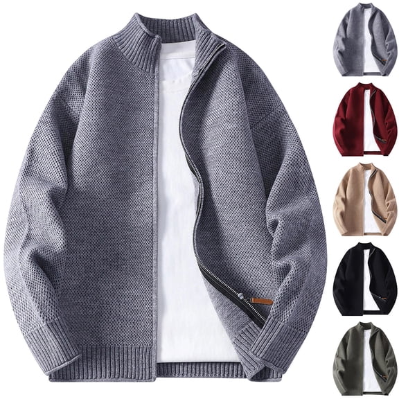 FRSASU Men's Cardigan Sweaters Full Zip up Mock Neck Stand Collar Slim Fit Casual Cable Knitted Sweater Red