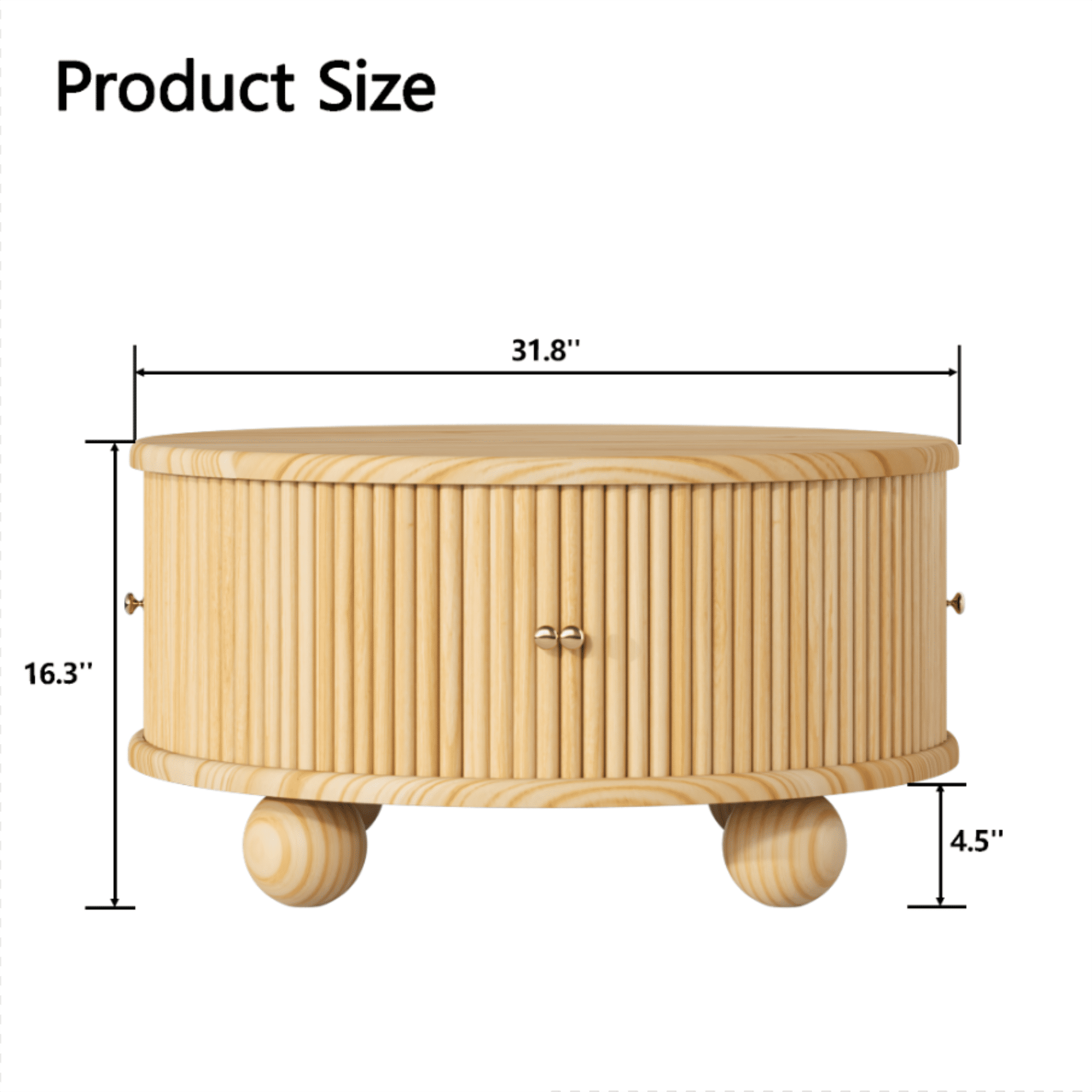 Homy Casa 31.8 in Round Fluted Wood Coffee Table with Storage Shelf for Living Room Natural Oak