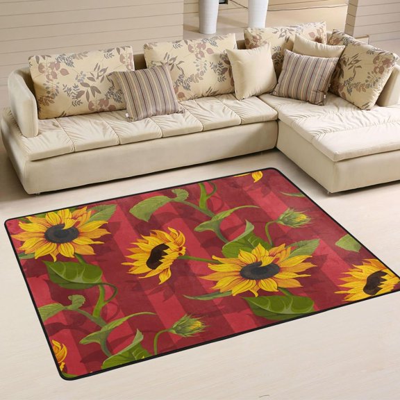 SKYSONIC 72x48in Sunflower Floral Leaf Area Rug, Red Stripes Non-Slip Floor Carpet for Indoor Living Dining Room and Bedroom Area
