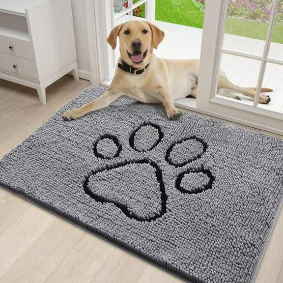 Dog Door Mat 30x20 Inches Grey, Absorbent Chenille Mud & Dirt Trapper, Non-Slip Washable Quick Dry Mat for Indoor Entryway