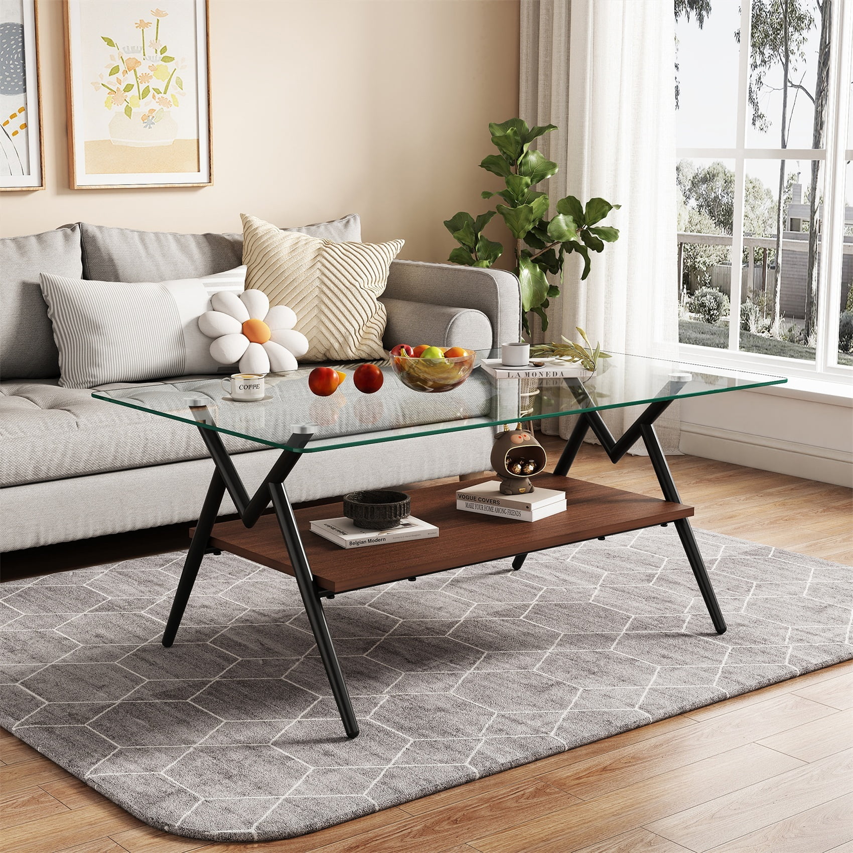 Alvantor Glass Coffee Table, 38.6" Rectangular Glass Coffee Table with Clear Tempered Glass Top and Metal Legs for Living Room Black