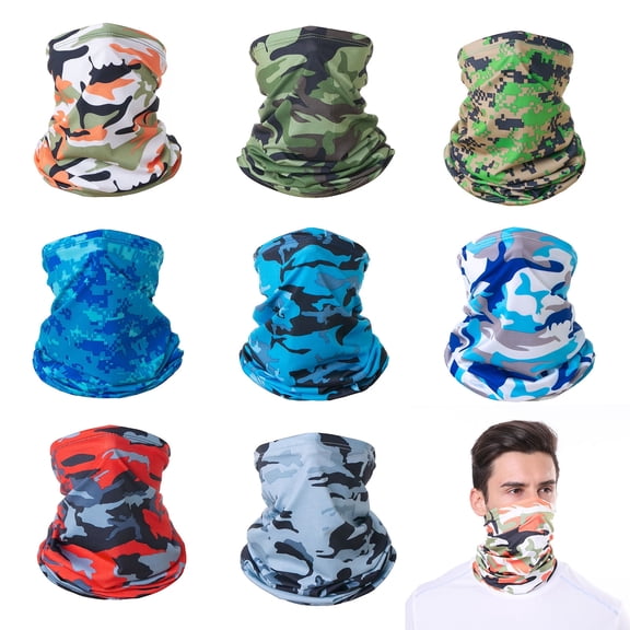 SPOKKI 8 Pcs Neck Gaiter for Men Women, Summer Cooling Camo Face Mask, Breathable UV Sun Protection Scarf for Cycling Fishing Hiking