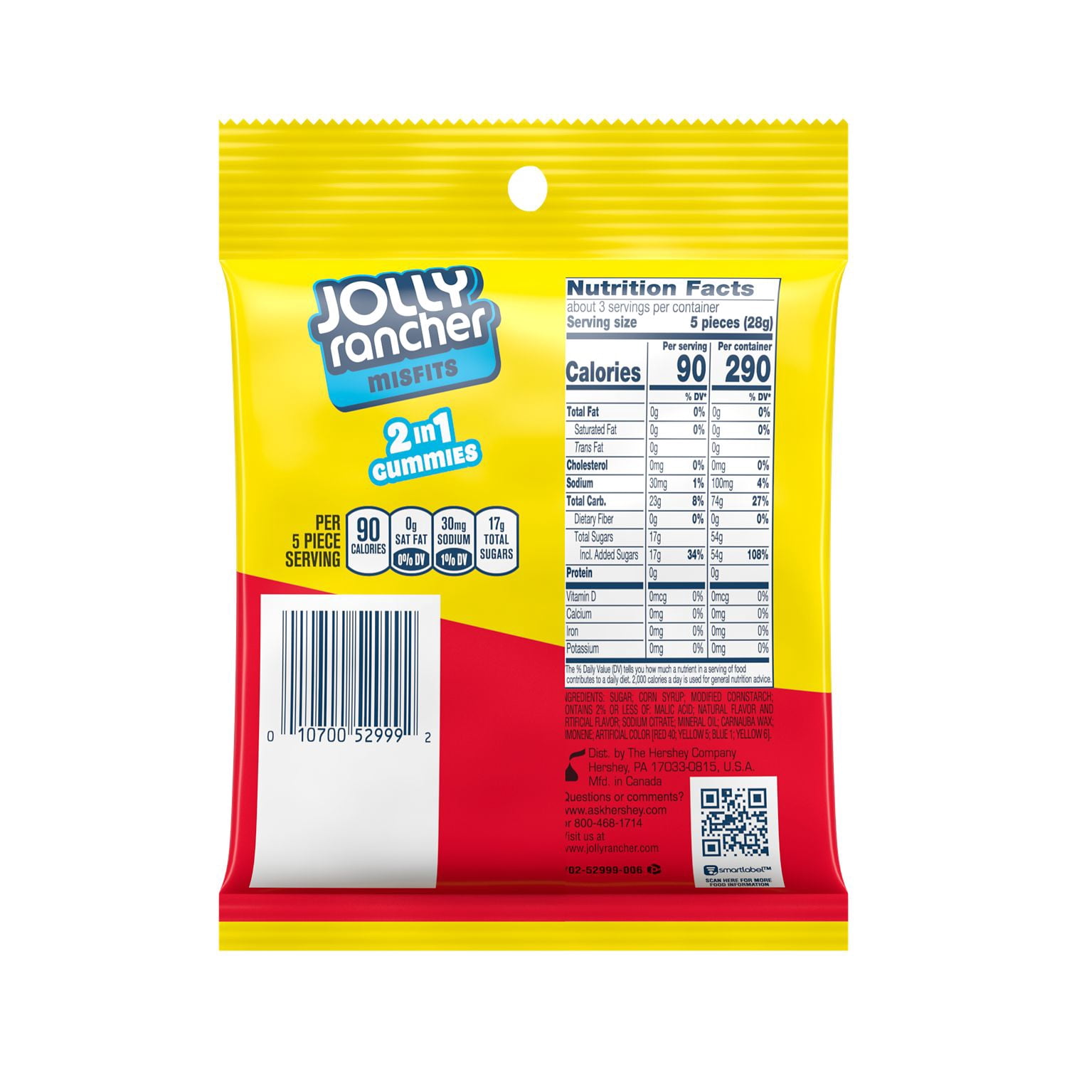 JOLLY RANCHER, MISFITS 2-in-1 Assorted Fruit Flavored Gummies Candy, 3.15 oz, Bag