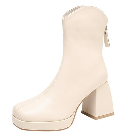 

Fsqjgq Womens Extra Boots Women Mid Well Boots Comfortable and Fashionable Autumn and Winter Solid Color with Square Heel Zipper Apparel Dress Beige 38