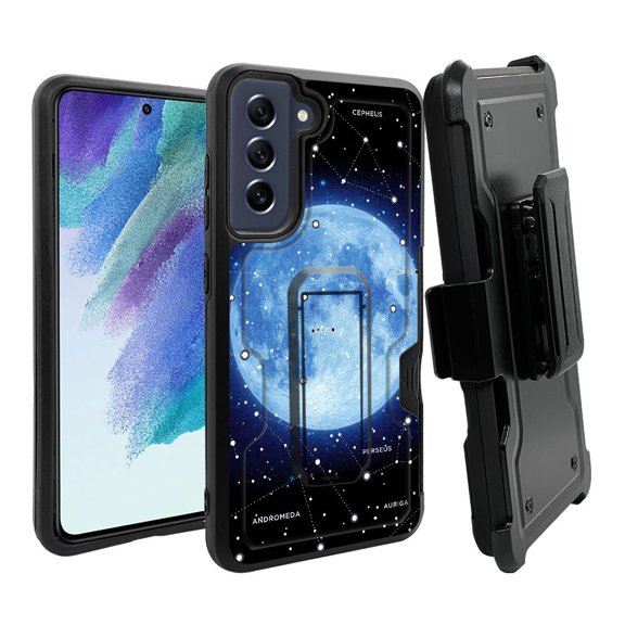 ANJ  Rugged Dual Layer Hybrid Holster Kickstand Case w/ Card Slot   Tempered Glass Cover for Samsung Galaxy S21 FE 5G - Blue Moon Constellation