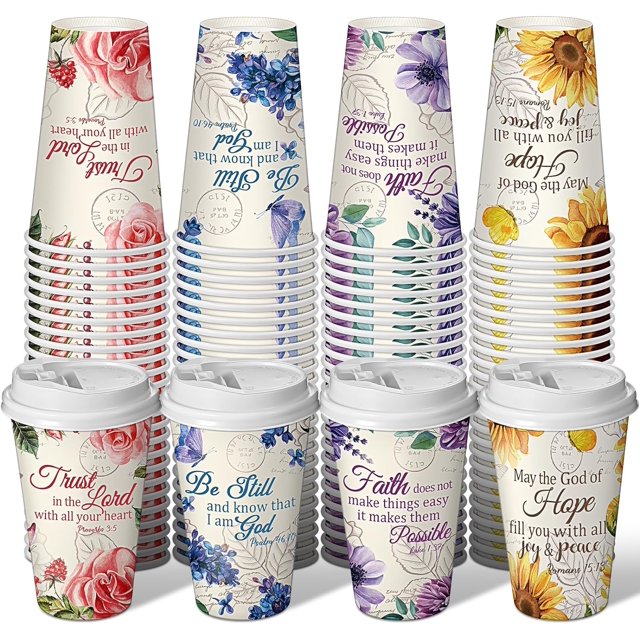 100 Pcs Christian Floral Coffee Cups with Lids 16 oz Paper Floral Tea Cups Bulk Disposable Bible Verse Coffee Drinkware for Christian Religious Wedding Baby Shower Home Offices Supplies