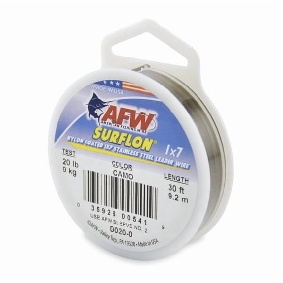 AFW Surflon, Nylon Coated 1x7 Stainless Steel Fishing Leader Wire, 20 lb / 9 kg Test, Camo