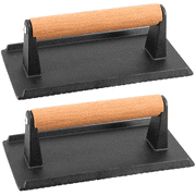SEUNMUK 2 Pack 8 x 4 Inch Cast Iron Steak Weight, 10 x 20cm Bacon Press with Wooden Handle, Heavy Weight Grill Press Pre Seasoned Burger Weight Press for Grills, Pans, Griddles