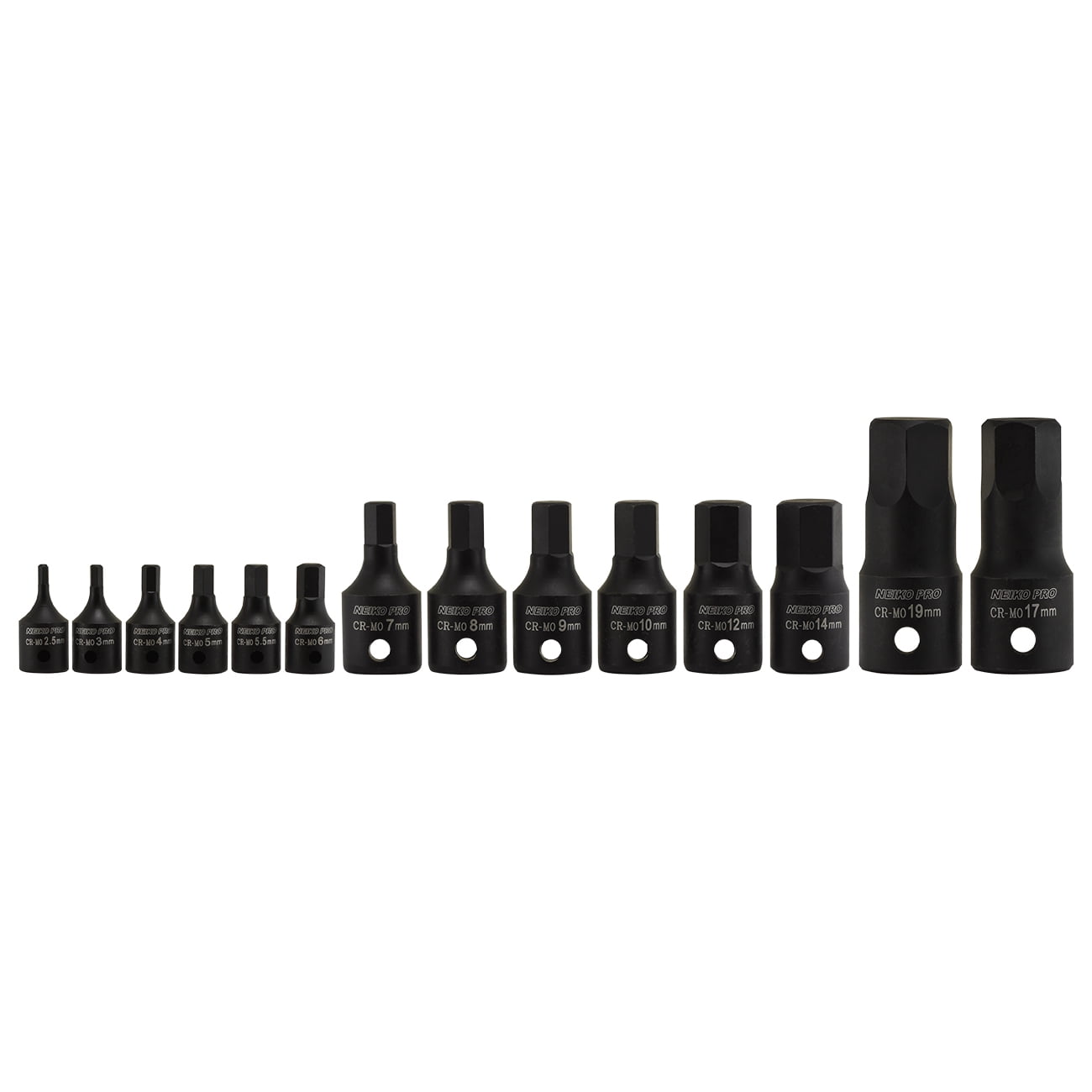 NEIKO 01141B Allen-Bit Socket Set, Metric Socket Set, 2.5 mm to 19 mm, 1/4-Inch, 3/8-Inch, and 1/2-Inch Drive, CrMo Steel, Impact-Grade, 14-Piece Set