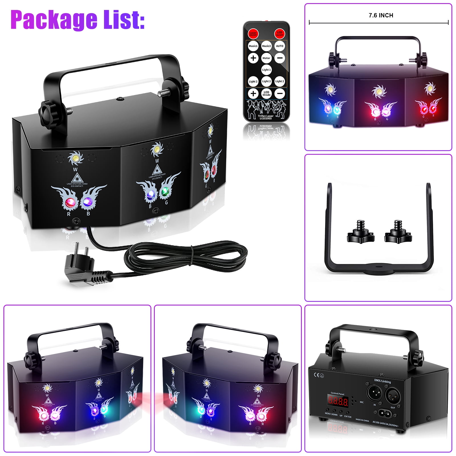 RGB Stage Laser Light 9 Lens DJ Disco Light, Sound Activated with Remote Control