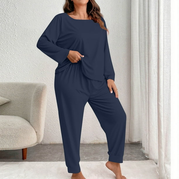 Pincandy Women's Plus Size Pajama Set - Crew Neck Long Sleeve Top & Pants, Casual & Comfortable for Homewear