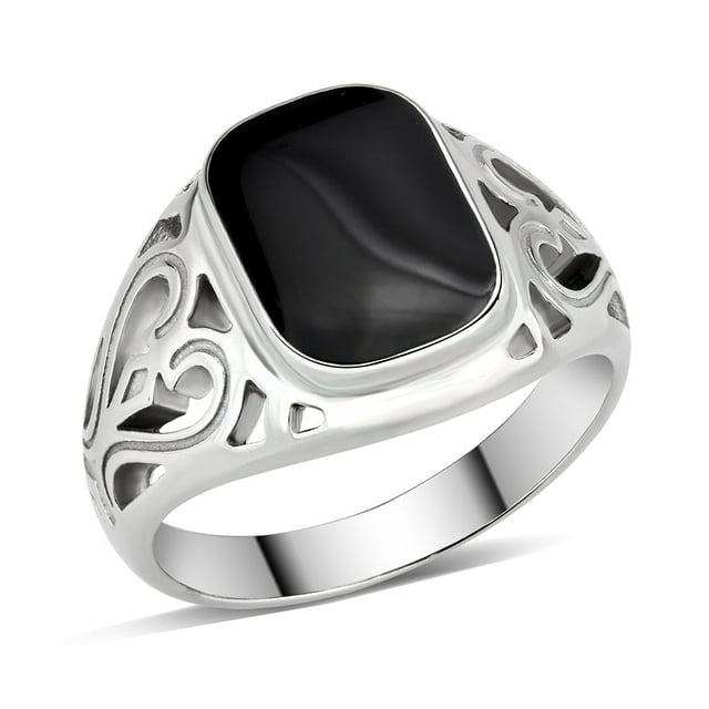 Bague en Acier Inoxydable Poli avec Époxy en Jet pour Femmes Couleur de Pierre Jet Style TK3753 Taille 9