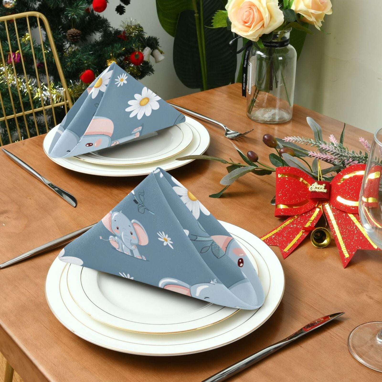 JSTEL Cute Elephant Daisy Flower Cloth Napkins Set of 6, 20x20 Inch Washable and Reusable Napkin for Decoupage Dinner Party Everyday Use