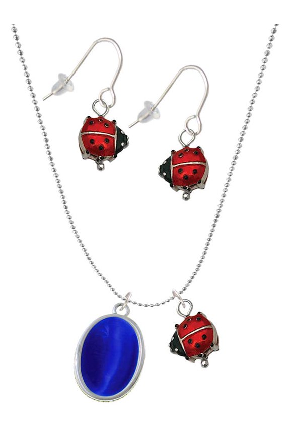 Silvertone Small Blue Imitation Cat's Eye Red Lucky Ladybug Necklace and Dangle Earrings Set