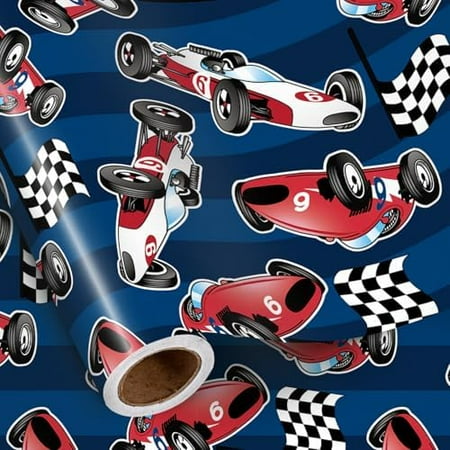 Race Car Wrapping Paper Roll for Kids, Mini Roll, Red Race Car and Checkered Flag Design Gift Wrap Paper Perfect for Boys Birthday, Racing Party, 17 Inches x 16.4 Feet