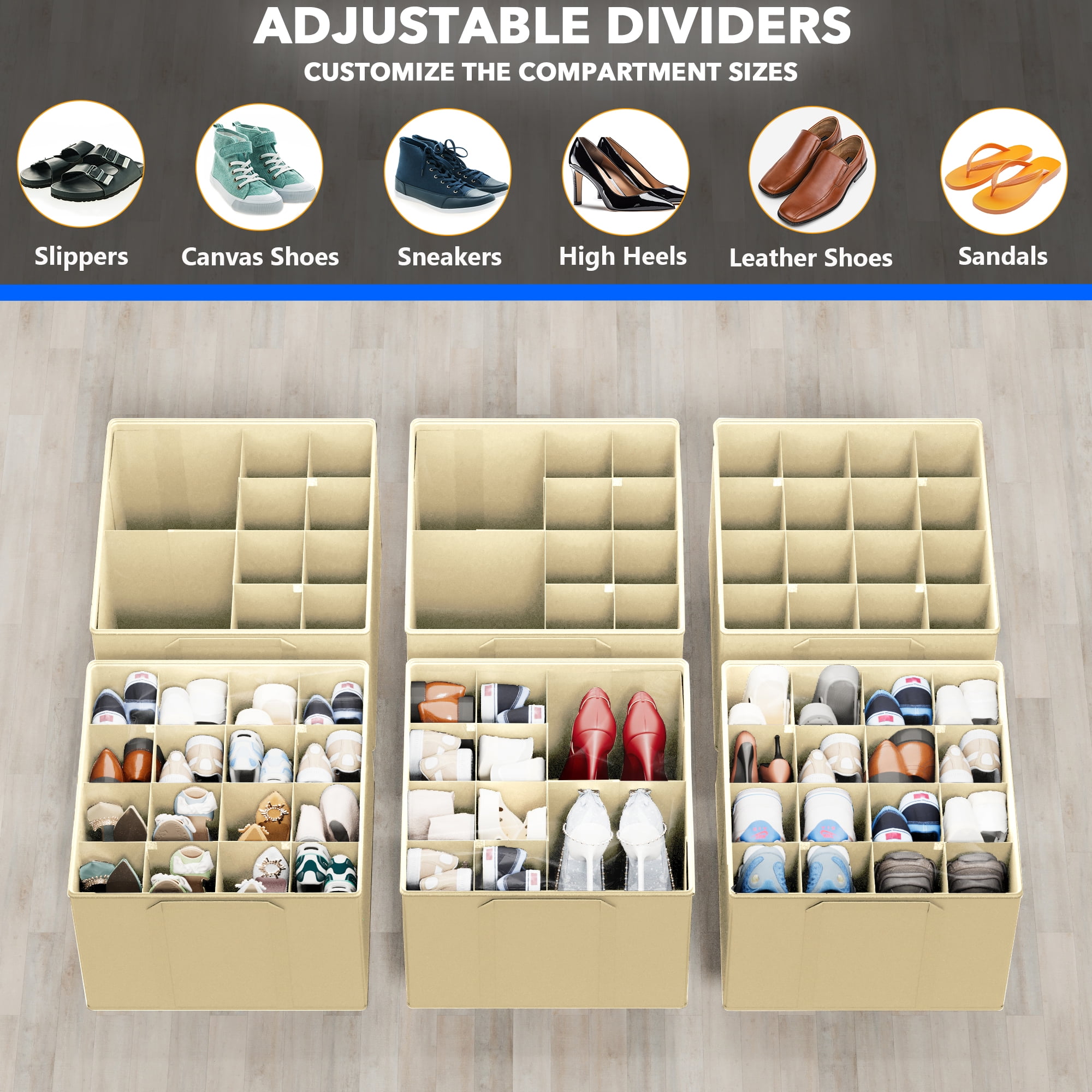 Tooloton Shoe Organizer for Closet, 2 Pack, Fits 16-32 Pairs, Beige