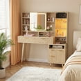 thumbnail image 3 of Makeup Vanity Desk with Lights,Vanity Table with 53" Fluted Sliding Mirror, Glass Top Vanity with Drawers & RGB Glass Cabinets,Dressing Table with Adjustable Shelves & Power Outlet for Bedroom,Oak, 3 of 9