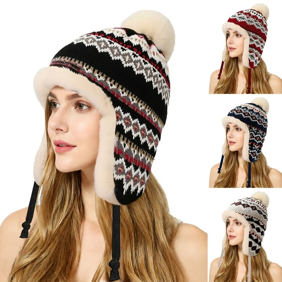 Lispipm Winter Hat for Women Warm Earmuffs Thick Knit Pattern Cap Fleece Lined Bean1e Pompom Hat for Outdoor Snowy Weather Beige