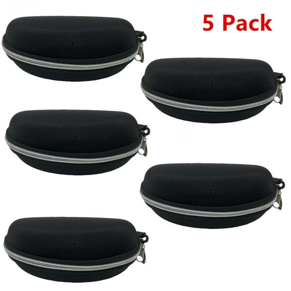 5 Pack of Zipper Shell Eyeglasses and Sunglasses Case Plastic Carabiner Hook (Black)