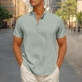 thumbnail image 2 of YLSDY Mens Henley Beach Shirts Short Sleeve Banded Collar Casual Summer T-Shirt Fashion Collarless Tees Shirts Green XL, 2 of 7