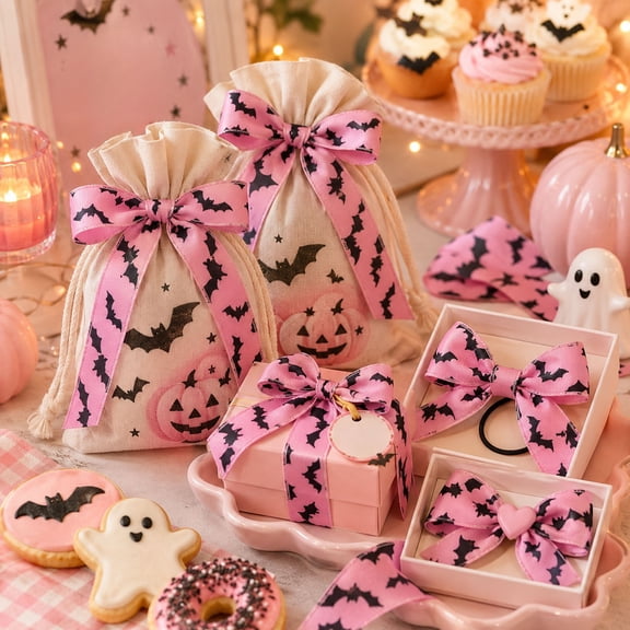 Miwamany Halloween Pink Ghost Bats Faux Linen Ribbon, 5 Yards Wired Edge Bow for Gift Wrapping Party DIY Crafts Floral Home Decoration