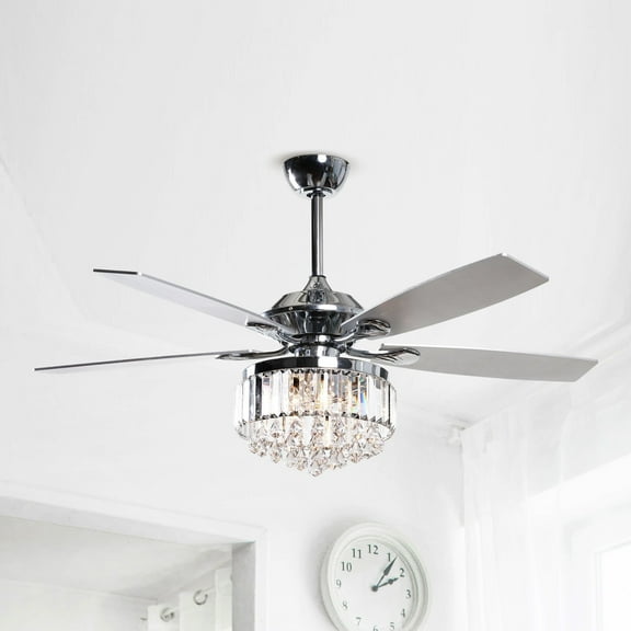 Modern Chrome 5-Blades Crystal Chandelier Ceiling Fan with Remote - 52 Inches