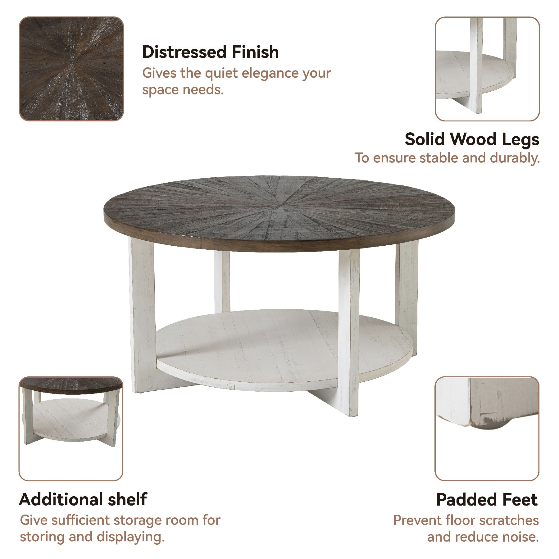 COZAYH Rustic Farmhouse Large Round Wood Coffee Table with Storage Shelf, Brown