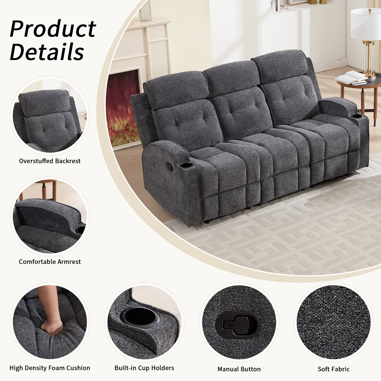 Bonzy Home 3-Seat Manual Reclining Sofa — Fabric Couch with Dual Manual Recliners for Living Room & Meeting Room