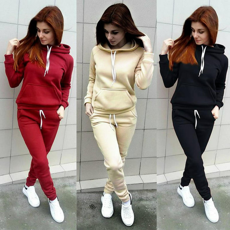 Pure Color Sports Hoodie with Pants Two Pieces Set